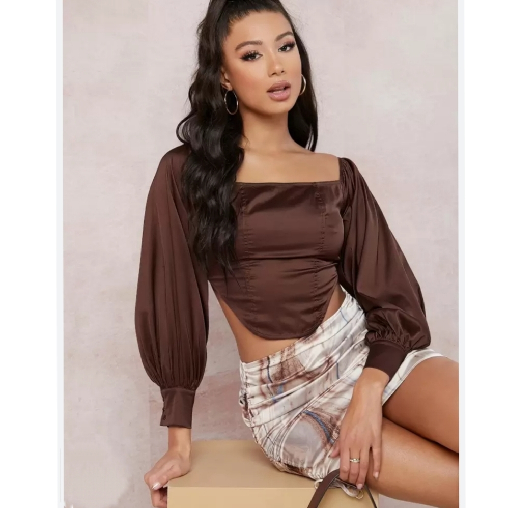 SHEIN Chocolate Brown Square Neck Bishop Sleeve Silky Blouse. Size L